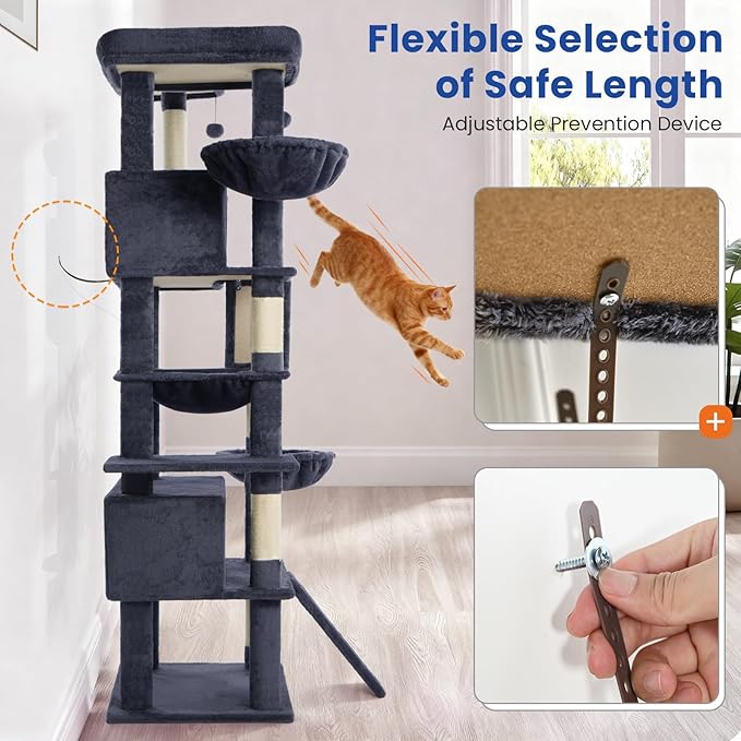 ABCPET Cat Tree 82 in Multi-Level Cat Tower for Indoor Cats, Heavy Duty Large Cat Tree with Sisal Scratching Posts, Hammock, 2 Perches, 2 Condos, 2 Hanging Baskets, Beige