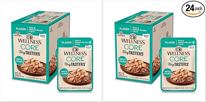 Wellness CORE Tiny Tasters Flaked Adult Wet Cat Food,Natural,Protein-Rich,Grain Free,1.75-Ounce Pouch,(Tuna & Salmon),(Pack of 24)