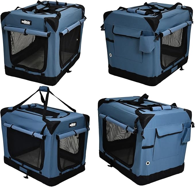 EliteField 4-Door Folding Soft Dog Crate with Curtains, Carrying Bag and Fleece Bed (2 Year Warranty), Indoor & Outdoor Pet Home (36" L x 24" W x 28" H, Blue Gray+4 Door Curtains)