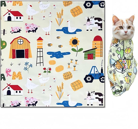 Cat Wrap for Cutting Nails Cloth Burrito Wrap for Nail Clipping,Scratch and Escape Prevention,Multi-Purpose Swaddle Wrap Pet Worker (Farm + House, 27.56inchx27.56inch)