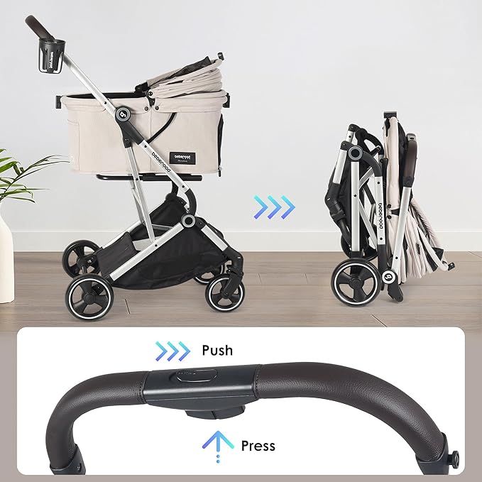 T4 Pet Stroller for Small Medium Dogs, Cat Strollers for 2 Cats, 4 Wheels Folding Pet Stroller for Cats with Pad, Canopy and Cup Holder, Beige