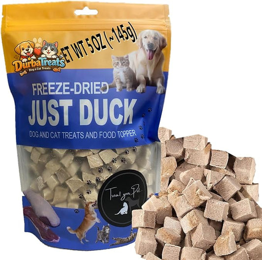 Freeze Dried Duck Large Pack Raw Dog & Cat Treats - Single-Ingredient Snacks, Food Topper Increase Appetite. Ideal for Pets with Allergies. Weight Control, Training Bites, High Protein (5 Ounce, Duck)