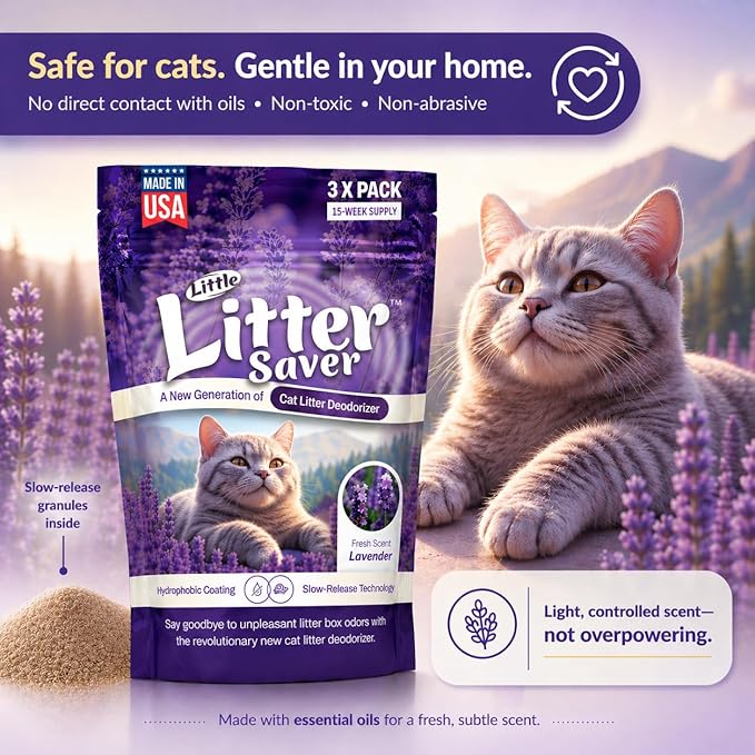 Little Litter Saver | a New Generation Of Cat Litter Box Deodorizer | Unique Slow Release Formula | Natural Fresh Scent | Up to 15 Weeks Supply | 3 x 0.5oz bags (Lavender)