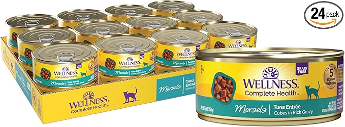 Wellness Complete Health Morsels Adult Canned Wet Cat Food, Natural, Protein Rich, Grain Free, Tuna Entrée Recipe, 5.5 oz, Pack of 24 Cans
