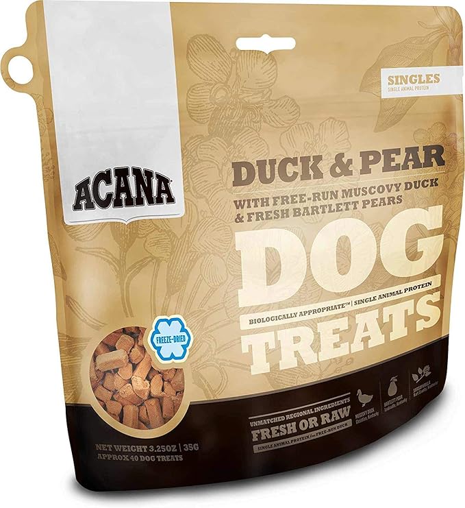 ACANA Singles Grain Free Dog Treats Limited Ingredients & Freeze-Dried Duck & Pear 3.25oz Bag