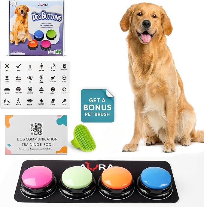 A-URA Dog Buttons for Communication with Mat, HD Sound Quality Dog Talking Button Set – Non-Slip Back Mat, Dog Buttons Talk for Training, Pet Talking Buttons for Dog (Pack of 4)