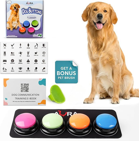 A-URA Dog Buttons for Communication with Mat, HD Sound Quality Dog Talking Button Set – Non-Slip Back Mat, Dog Buttons Talk for Training, Pet Talking Buttons for Dog (Pack of 4)
