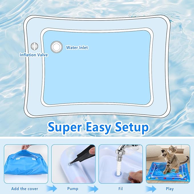 Extra-Thick Cat Water Mat with Protective Cover, Leak-Proof Interactive Water Sensory Play Bed for Indoor Cats & Kittens, 20x28 Inch, Summer Cooling Pet Pad