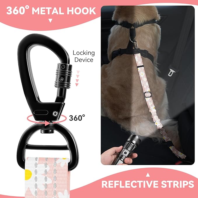 Pawaboo Dog Car Seat Belt– Reflective & Adjustable Dogs Cars Harness Leash with 360° Lockable Buckle, Shockproof Dogs Tether Bungee for Safe Travel, Light Pink Flowers