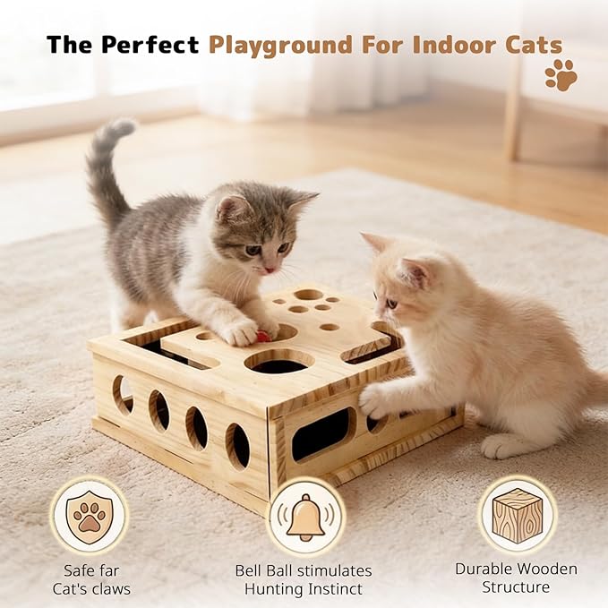Cat Nail File Enrichment Box with Sandpaper 3 Balls, Multilayer Solid Wood Cat Scratch Puzzle Box Nail File, Interactive Cat Puzzle Toy for Indoor Cats, Alternative to Nail Clippers