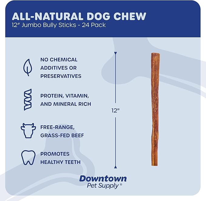 Downtown Pet Supply Jumbo Bully Sticks for Dogs - Natural Beef Chews, Low-Odor & Rawhide-Free, Long Lasting Dog Treats for Aggressive Chewers - Healthy, Safe & Delicious Chews Dogs Love (12" 24 Pack)