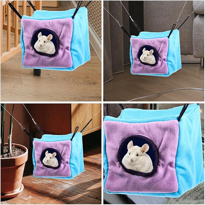 Small Animal Double-Layer Hanging Cube Hammock Cage with Cotton Nest Bed, Cozy Guinea Pig and Hamster Hideout for Ferret, Rat, Chinchilla, and Bird Cage Accessories