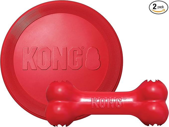 KONG Goodie Bone & Flyer - Dog Toys to Enrich Playtime - Dog Bone & Soft Throwing Disc Support Mental Engagement - Rubber Bone for Treats - Rubber Flying Disc with Dynamic Rebound - for Large Dogs