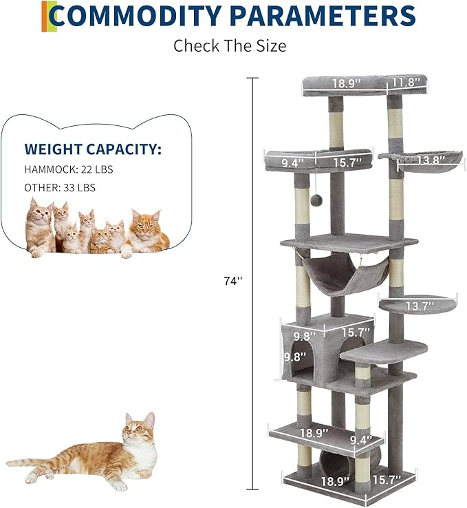 GarveeLife Cat Tree for Large Cat 74",Tall Cat Tower for Indoor Cats with 11 Scratching Posts, Hammock, Large Top Perch,Toy Balls, Sturdy Heavy Duty House for Adult Big Cats