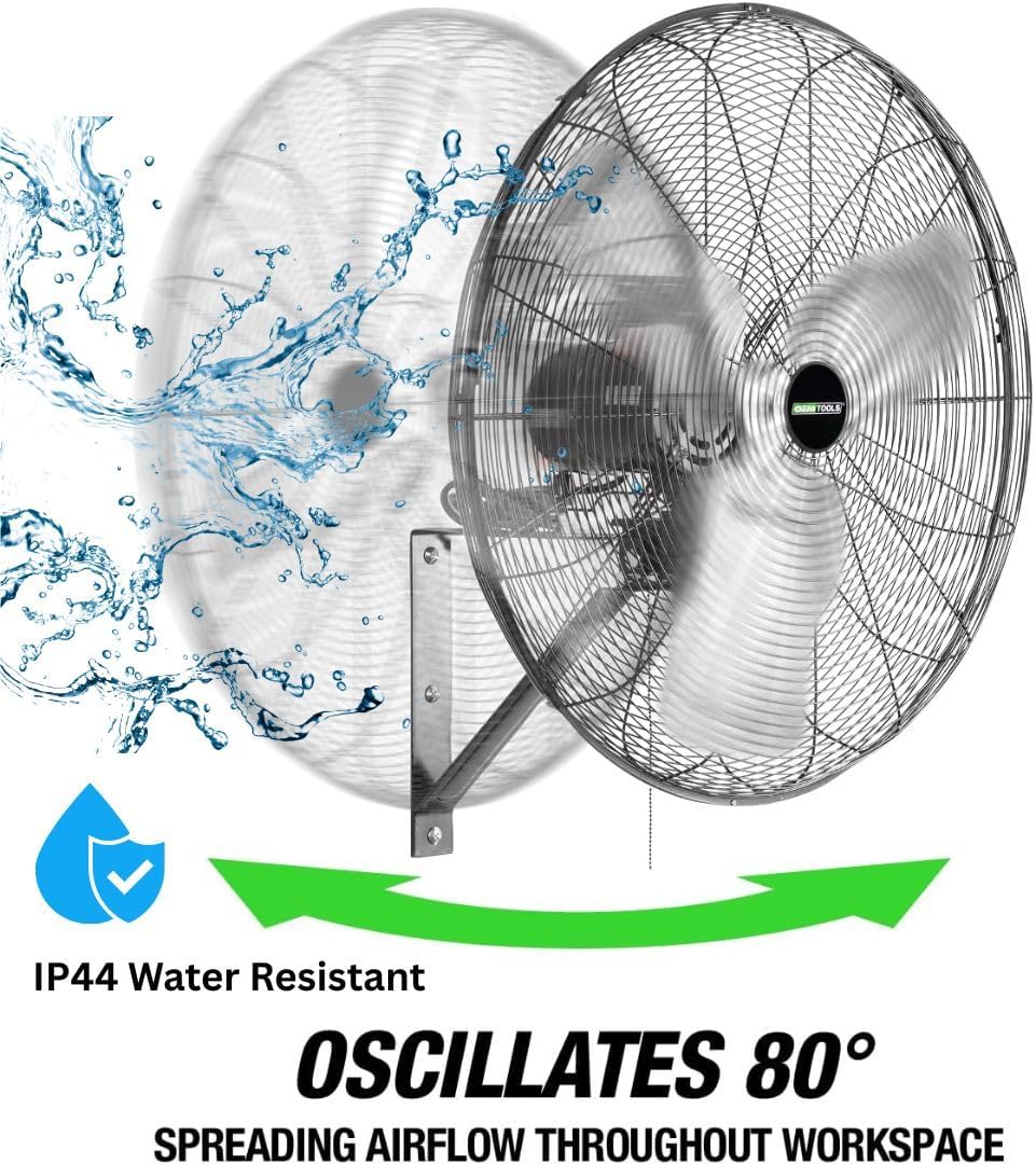 OEMTOOLS 30" Outdoor Wall Mount Fan, 80° Oscillating Fan 7200 CFM Max, Water Resistant, Use in Garage, Gym, Warehouse, Factory and Jobsite