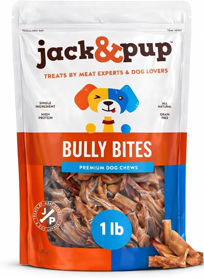 Jack&Pup Bully Bites for Dogs (1 lb. Bag), Small Bully Sticks for Small Dogs, 1-3 Inch Dog Chews for Puppies, Seniors and Smaller Dogs