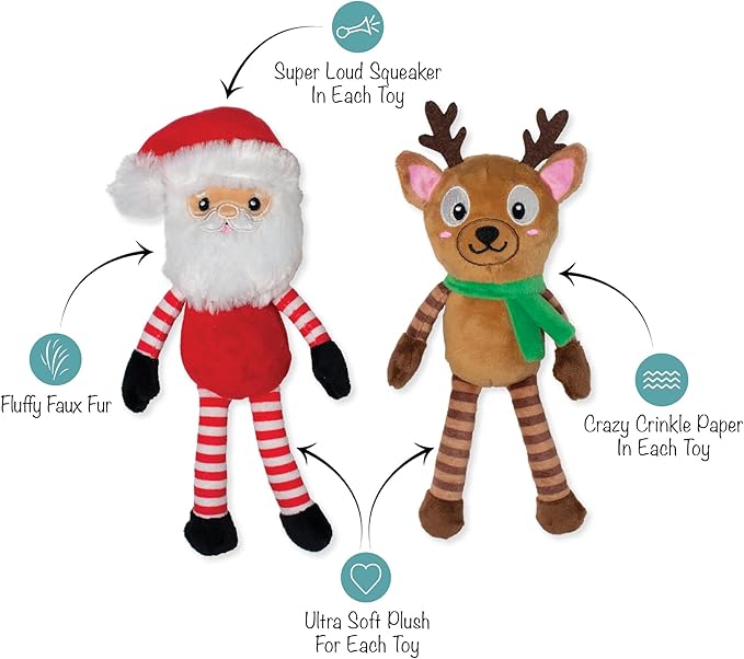Fringe Studio Pet Toy, Friend at Frost Sight Plush Dog Toy 2 Piece Set, Santa & Reindeer, PetShop Collection (312062)