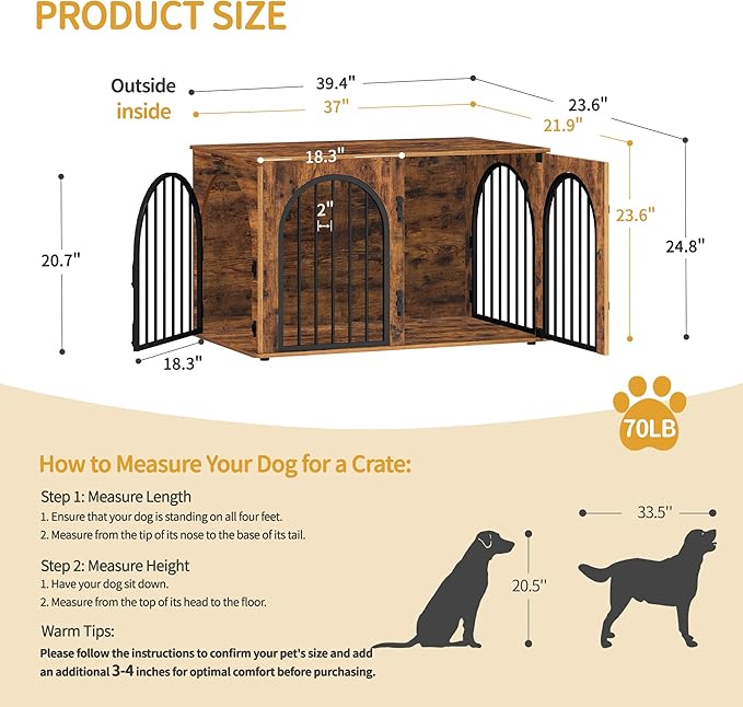 Hzuaneri 39.4" Wooden Dog Crate Furniture, Indoor Dog Kennel Dogs Cage for Small/Medium/Large Dogs, Heavy Duty Dog Crates Decorative Pet House End Side Table TV Stand, Rustic Brown DFC84101B