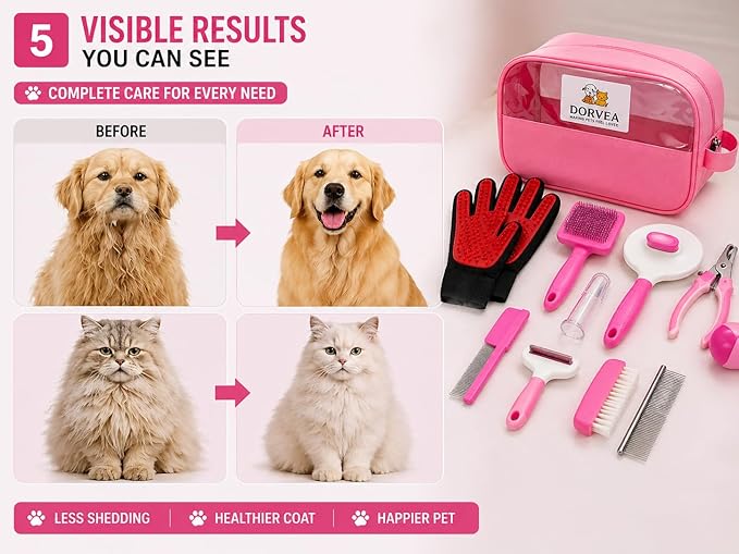 Pet Grooming Kit 12-in-1 for Dogs & Cats - Professional Deshedding Brush, Nail Clipper, Slicker Brush Flea Comb, Grooming Gloves, cat Teaser Ball Set with Storage Bag