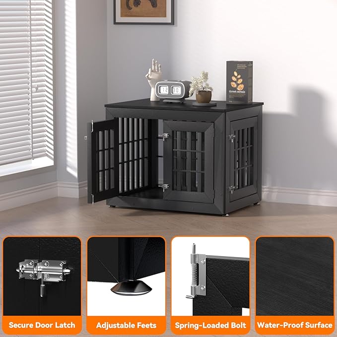 Snuowu 32" Heavy-Duty Dog Crate Furniture for Small/Medium Dogs, Rustic Wooden Dog Cage Kennel Indoor Furniture, Decorative Pet House End Table, Black