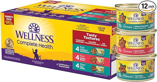 Wellness Complete Health Gravy and Minced Variety Pack Adult Canned Wet Cat Food, Natural, Protein Rich, Grain Free, Salmon, Tuna, and Chicken Recipes, 3 oz, Pack of 12 Cans
