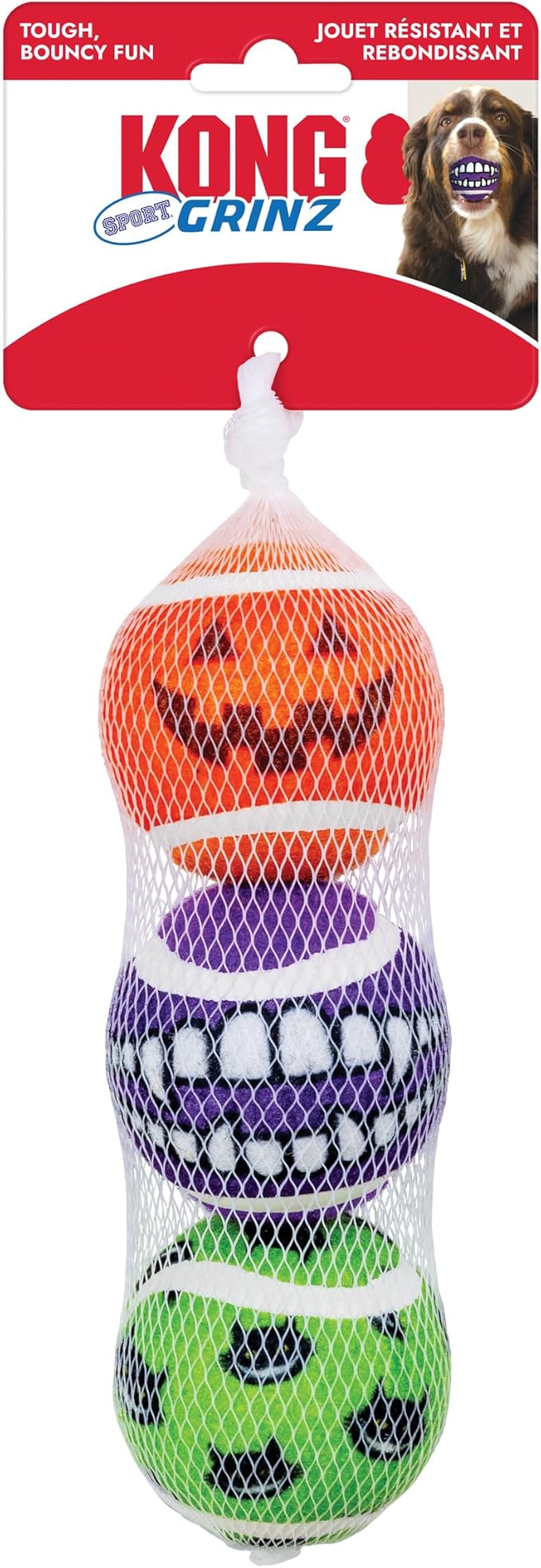 KONG Halloween Grinz Sport Balls for Dogs – Teethy Smiley Face Balls with Non-Abrasive Felt for Safe Fetch & Chase – Durable, Squeak-Free Halloween Toy Set (3 Pack)