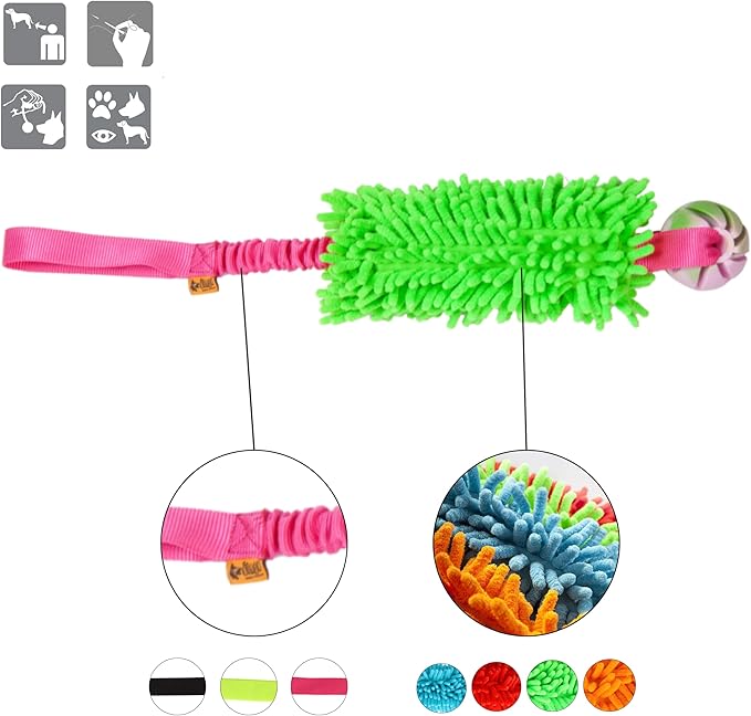 Dingo tug Toy for Dog, for Outdoor Indoor Play and tug of war, Bungee Handle, Soft Shaggy Nubby Like Plush Noodle and TPR Rubber Ball, Green 15589