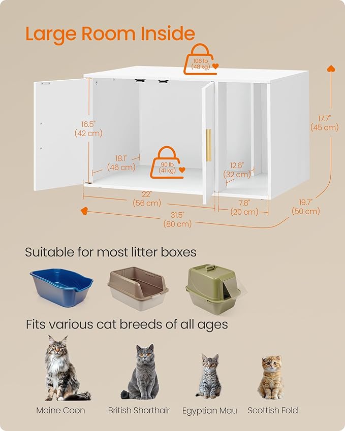Feandrea Cat Litter Box Enclosure, Modern Hidden Litter Box Furniture, Front Entry, Double Doors, Indoor Pet House, Living Room Side End Table, 31.5 x 19.7 x 17.7 Inches, Cloud White UPCL020WB01S