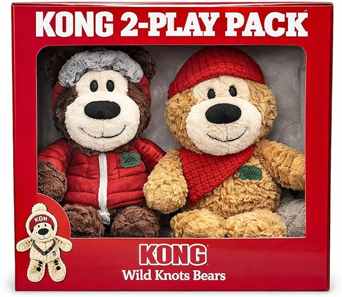 Kong Dog Toys 2-Pack Wild Knots Bears - Durable Plush Squeaker Toys with Internal Rope, Minimal Stuffing, Gift Box for Medium Dogs