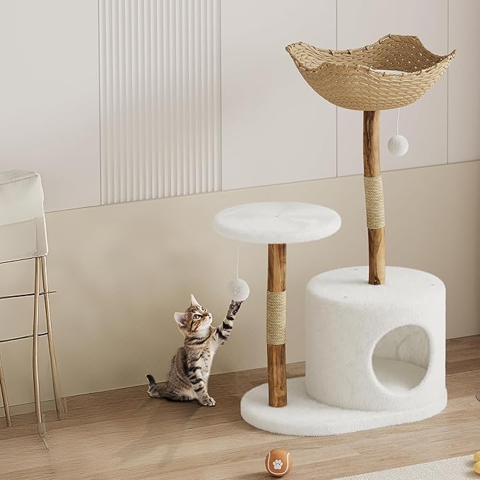 Garvee Wood Cat Tree Tower, Indoor Cat and Natural Wicker Apartment with Cat Catching Column and Bed, Aesthetic Tree Frame