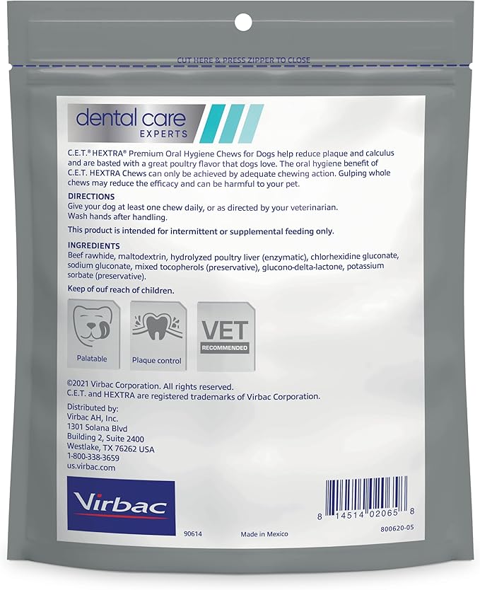 Virbac C.E.T.® HEXTRA® Premium Oral Hygiene Chews for Dogs, Rawhide Coated to Fight Bacteria and Reduce Plaque and Tartar, 11-25 lbs