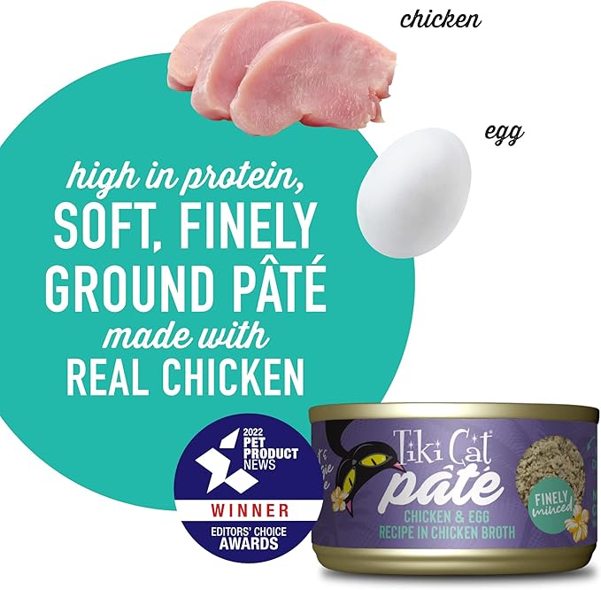 Tiki Cat Luau Pate, Chicken and Egg Recipe in Chicken Broth, Grain-Free Balanced Nutrition Wet Canned Cat Food, for All Life Stages, 2.8 oz. Can (12 Count)
