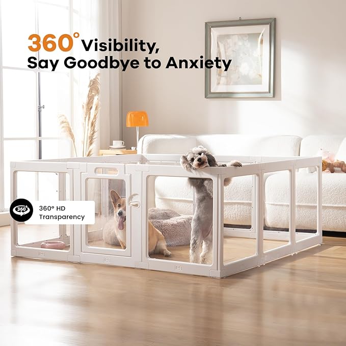 Clear Acrylic Dog Playpen Indoor, Puppy Cat Small Pet Play Pen, Pet Cat Playpen for Rabbits, Dog Fence Crate Kennel Whelping Cage (White, Door + Panel)
