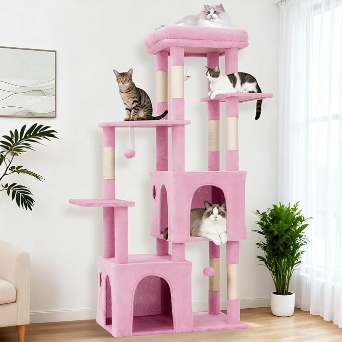 61.4 Inch Cat Tree, Large Cat Tower with Sisal Scratching Posts, 2 Spacious Cat Beds, Hanging Ball & Top Perch, Ideal for Large Indoor Adult Cats, Pink