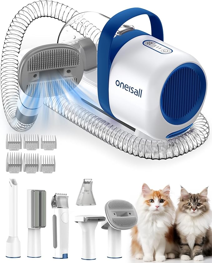 oneisall Cat Grooming Vacuum, Quiet Pet Vacuum Grooming Kit with Brush & Clippers for Hair Shedding Trimming, 6 in 1 Cat Vacuum Groomer for Pet Hair Grooming, White