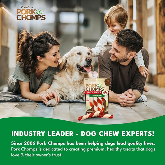 Pork Chomps Baked Pork Skin Dog Chews, 6 Inch Twists, 4 Count - Bacon Flavor Wrap - Long-Lasting Treats for Dogs - High Protein, Rawhide-Free, Low Fat, Healthy & Delicious Chews