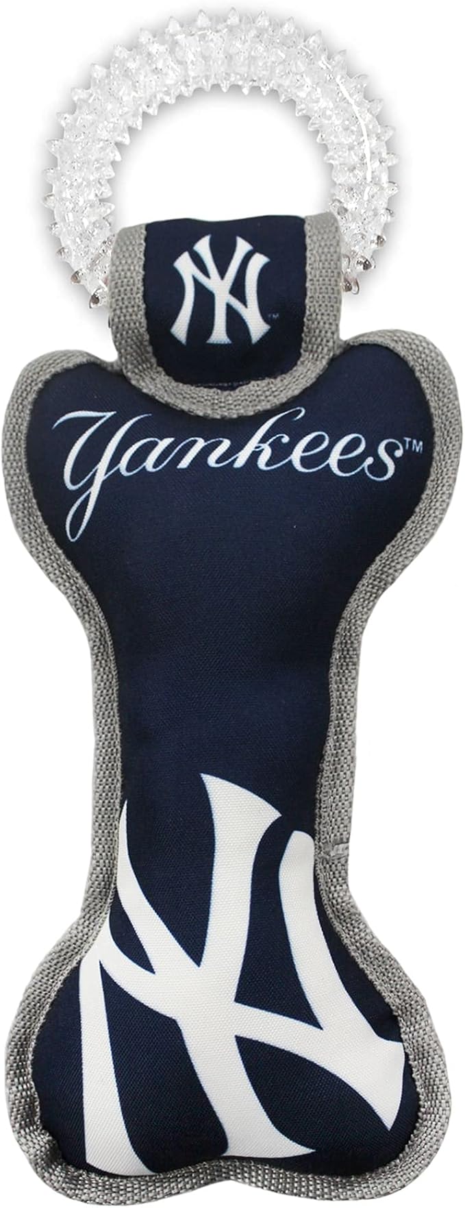 MLB New York Yankees Bone Shaped Dental Dog TUG Toy with Squeaker. Tough PET Toy for Healthy Fun, Teething, and Cleaning pet's Teeth and Gum.
