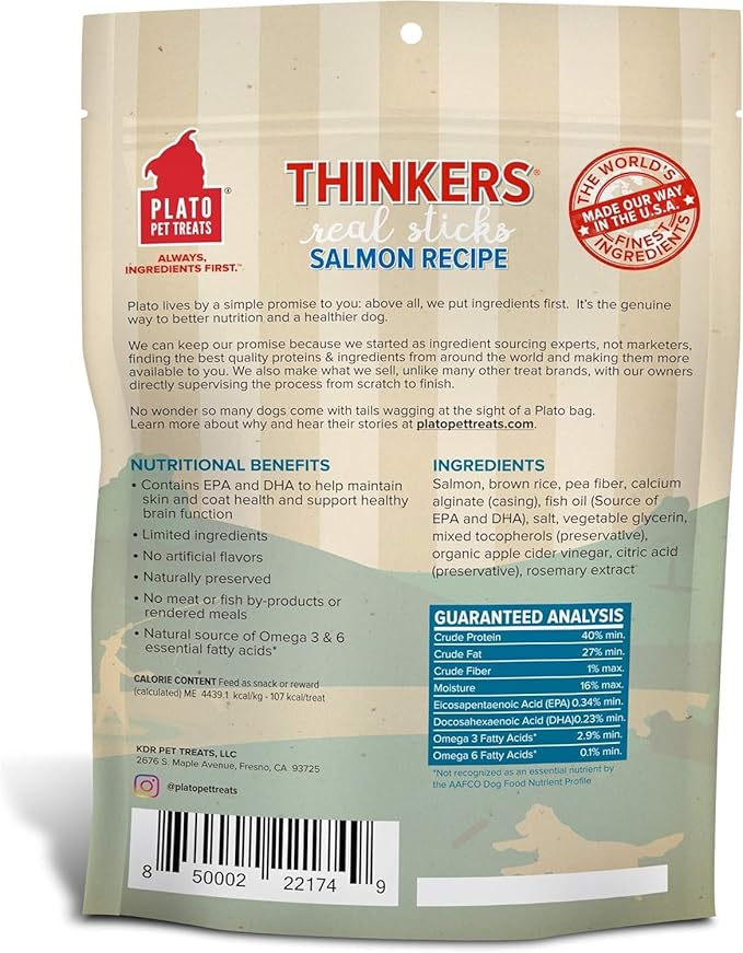PLATO Pet Treats Air Dried Dog Treats Salmon Thinkers Sticks, Natural Dog Treats, Real Meat, Air Dried, Made in the USA, 6.5oz