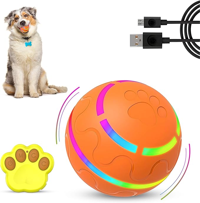New Interactive Dog Toy with Remote Control and LED Flash Light, Self Rolling USB Rechargeable Ball that has 2 Modes, Motion Activated Ball Toys for Dogs/Cats with 2 Work Modes - Orange