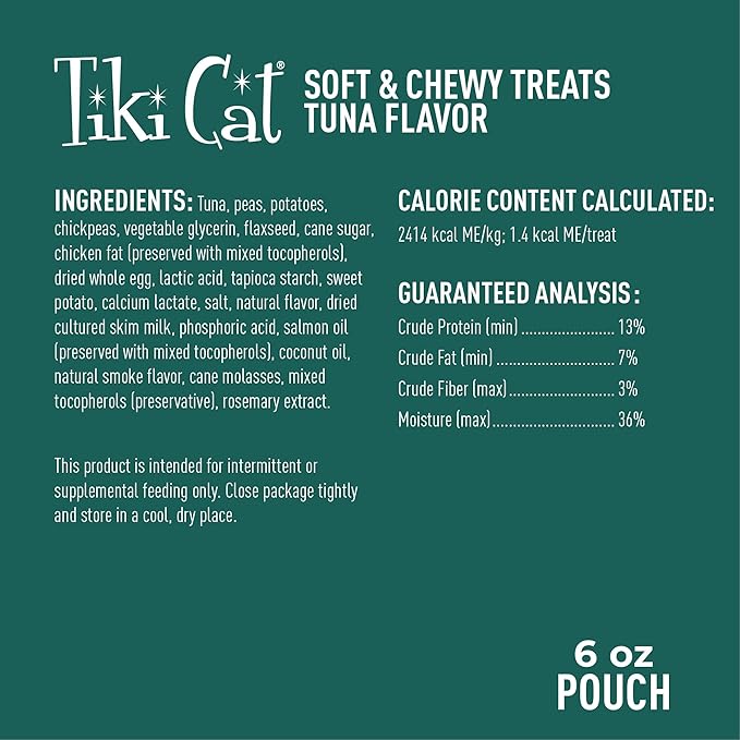 Tiki Cat Soft & Chewy Treats, Tuna Flavor, 3 Calories Per Treat with Grain-Free and No Added Gluten, 6 oz Pouch (Pack of 1)