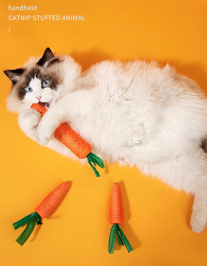 3-Pack Sisal Carrot Pet Chew Toys, Cute Squeaky Dental Cleaning Toys for Cats and Small Dogs, Durable Teething & Interactive Play Set