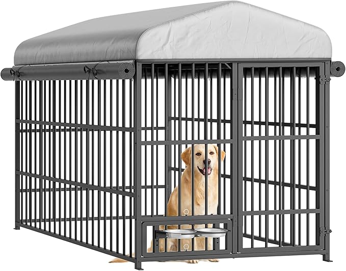 HOOBRO Dog Kennel Outdoor with Cover, 6.6 x 3.9 x 5.9 ft Dog Kennel Outside with Waterproof Roof and Rotating Feeding Bowls, Heavy-Duty Large Cage Enclosure, for Medium & Large Dogs, Black BK212GW03