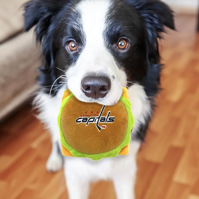 Pets First NHL Washington Capitals Crinkle Fine Plush Dog & Cat Squeak Toy - Cutest STADIUM HAMBURGER Plush Toy for Dogs & Cats with INNER SQUEAKER & Beautiful Hockey Team Name/Logo