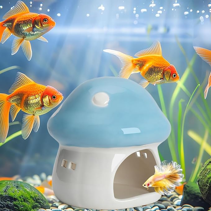 AnRui Ceramic Mushroom Aquarium Decor Cute House Betta Fish Tank Accessories Decoration Hideout Cave for Small Fish, Shrimp, Goldfish and Reptiles, Easy to Clean (Blue, Small)