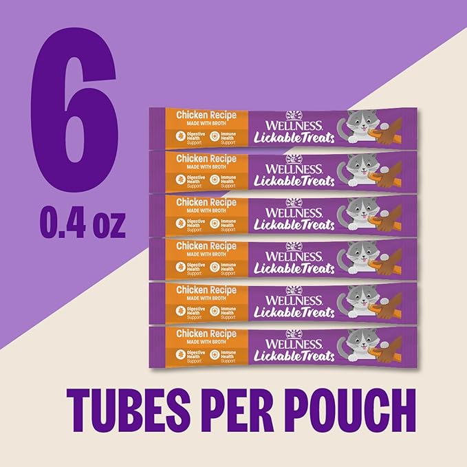 Wellness Lickable Soft Puree Cat Treats, All Lifestages, Kitten to Senior, Natural, Grain Free, Chicken Flavor, 0.4 oz, Pack of 6 Tubes
