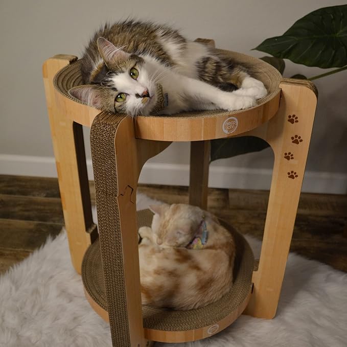 Necoichi Cat Scratcher Tower for Indoor Cats - Cat Scratching Post Lounger with Reversible Usability and Extra Comfort for Lounge, Cardboard Bed Couch / (XL, Oak)