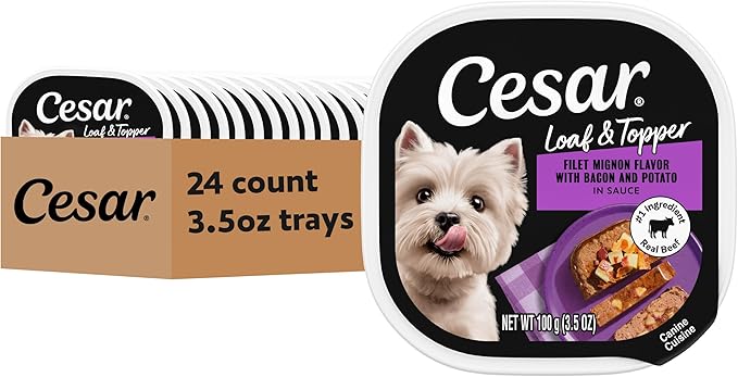 Cesar Loaf & Topper in Sauce Wet Dog Food Filet Mignon Flavor with Bacon & Potato, 3.5 oz. Easy Peel Trays, 24 Count (Pack of 1)