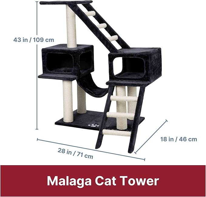 TRIXIE Malaga Cat Tower – Cat Tree with Extra-Thick Sisal Posts, Caves, Platforms & Hammock – Durable Cat Furniture for Indoor Cats – Gray, 18" x 28" x 43"