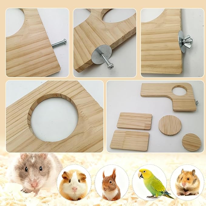 5 Pcs Wooden Hamster Cage Platform Hamster Rectangle L-Shaped Round Accessories Bird Cage with Wood Perches Stand Board for Mouse Squirrel Gerbil Guinea Pig Birds Parrots Activity Playground