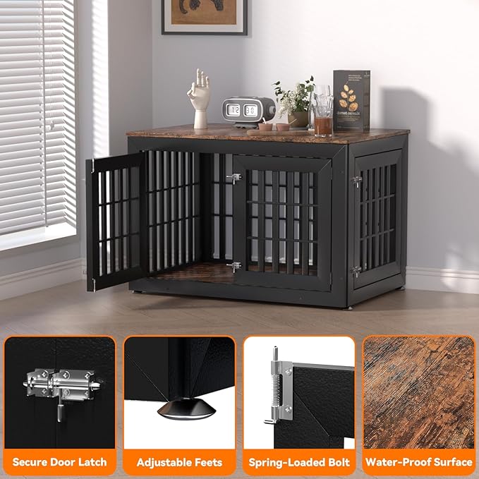 Snuowu 42" Heavy-Duty Dog Crate Furniture for Large/Medium Dogs, XL Wooden Dog Cage Kennel Indoor Furniture, Decorative Pet House End Table, Black & Wood